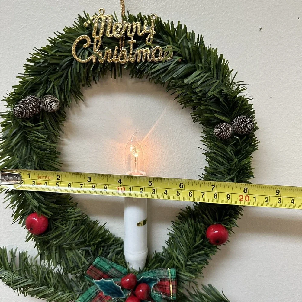 Vintage Lighted Candle Merry Christmas Wreath Hanging Window Decor NEW NOS